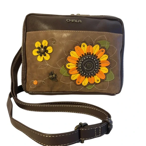 Chala Companion Organizer Brown Sunflower Vegan Leather Crossbody Bag - Picture 1 of 6